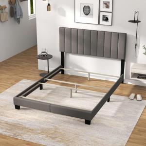 Giantex Queen Size Platform Bed Frame, Box Spring Needed, Modern Upholstered Mattress Foundation with Linen Fabric Headboard, Solid Wood Legs, No Slatted Bed Frame for Adjustable Bed Base, Gray