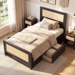 Giantex Rattan Bed Frame with 2 Storage Drawers, Twin Size Boho Platform Beds w/Headboard & Footboard, Wood Mattress Foundation, Twin Bed Frames for Kids Adults, No Box Spring Needed (White, Twin)(Espresso)