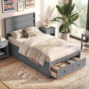 Giantex Twin Bed Frames for Kids with Storage Drawers, Wood Platform Bed with Headboard, Solid Mattress Foundation w/Wooden Slat Support & Enclosed Base, No Box Spring Needed (White, Twin)(Grey)