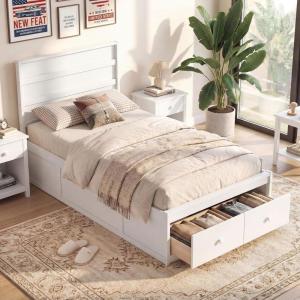 Giantex Twin Bed Frames for Kids with Storage Drawers, Wood Platform Bed with Headboard, Solid Mattress Foundation w/Wooden Slat Support & Enclosed Base, No Box Spring Needed (White, Twin)(White)