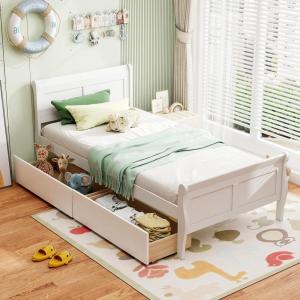 Giantex Twin Bed with 2 Storage Drawers, Wood Platform Bed with Headboard & Footboard, Wooden Slats Support Mattress Foundation, Twin Bed Frames for Kids Teens Adults, No Box Spring Needed (Grey)(White)