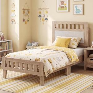 Giantex Wood Full Size Bed Frame with Upholstered Headboard, Mid-Century Platform Bed w/Wooden Slat Support Mattress Foundation, Slatted Footboard, Under-Bed Storage Space, No Box Spring Needed, Oak(Rustic Oak)