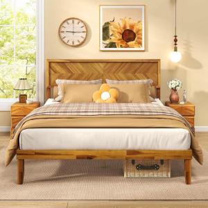 Giantex Wood Queen Size Bed Frame with Headboard, Acacia Platform Bed w/12 Slats Support, Under-Bed Space, Wooden Mattress Foundation, No Box Spring Needed(Queen)