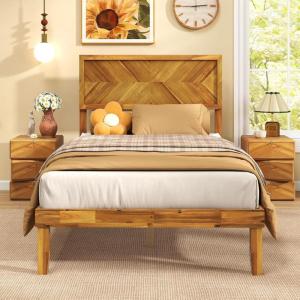 Giantex Wood Queen Size Bed Frame with Headboard, Acacia Platform Bed w/12 Slats Support, Under-Bed Space, Wooden Mattress Foundation, No Box Spring Needed(Twin)