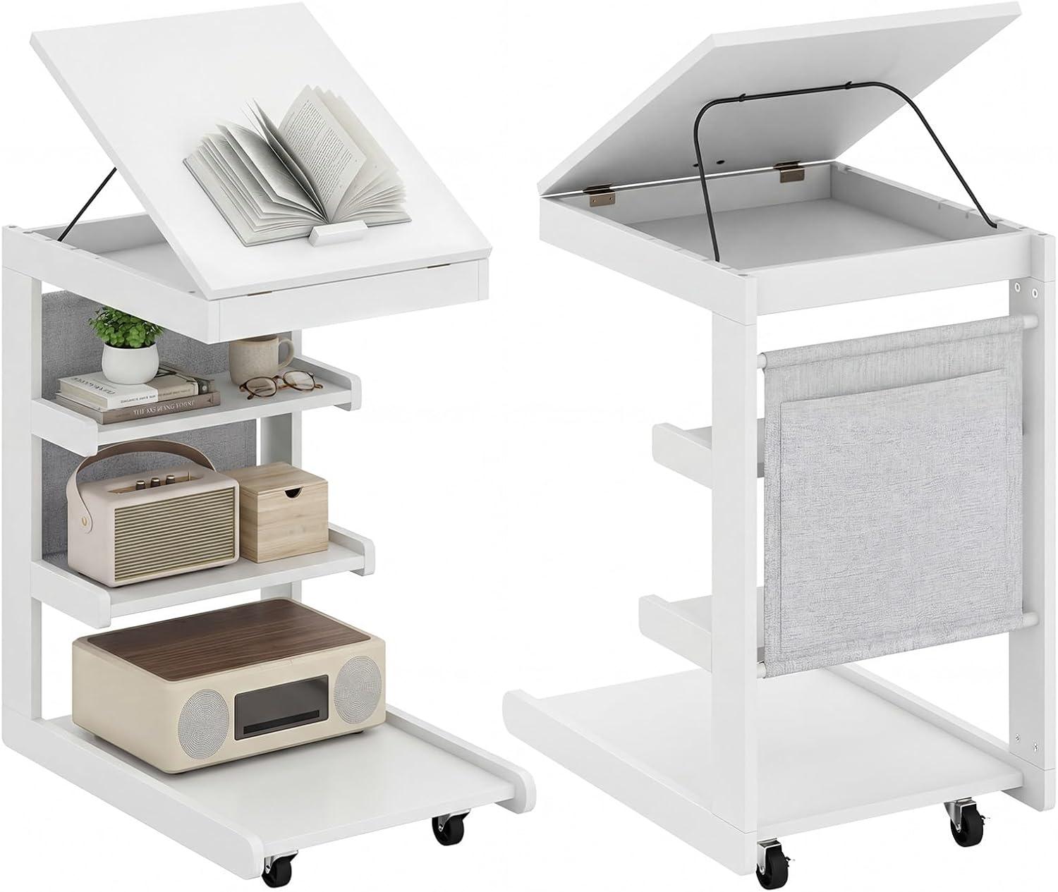 image:imageGiantex CShaped End Table with Wheels Wooden Rolling Side Table wAdjustable Desktop Edge Stopper Side Pocket amp 3 Storage Shelves Sofa Couch Bedside TV Tray for Living Room Bedroom Brown1White