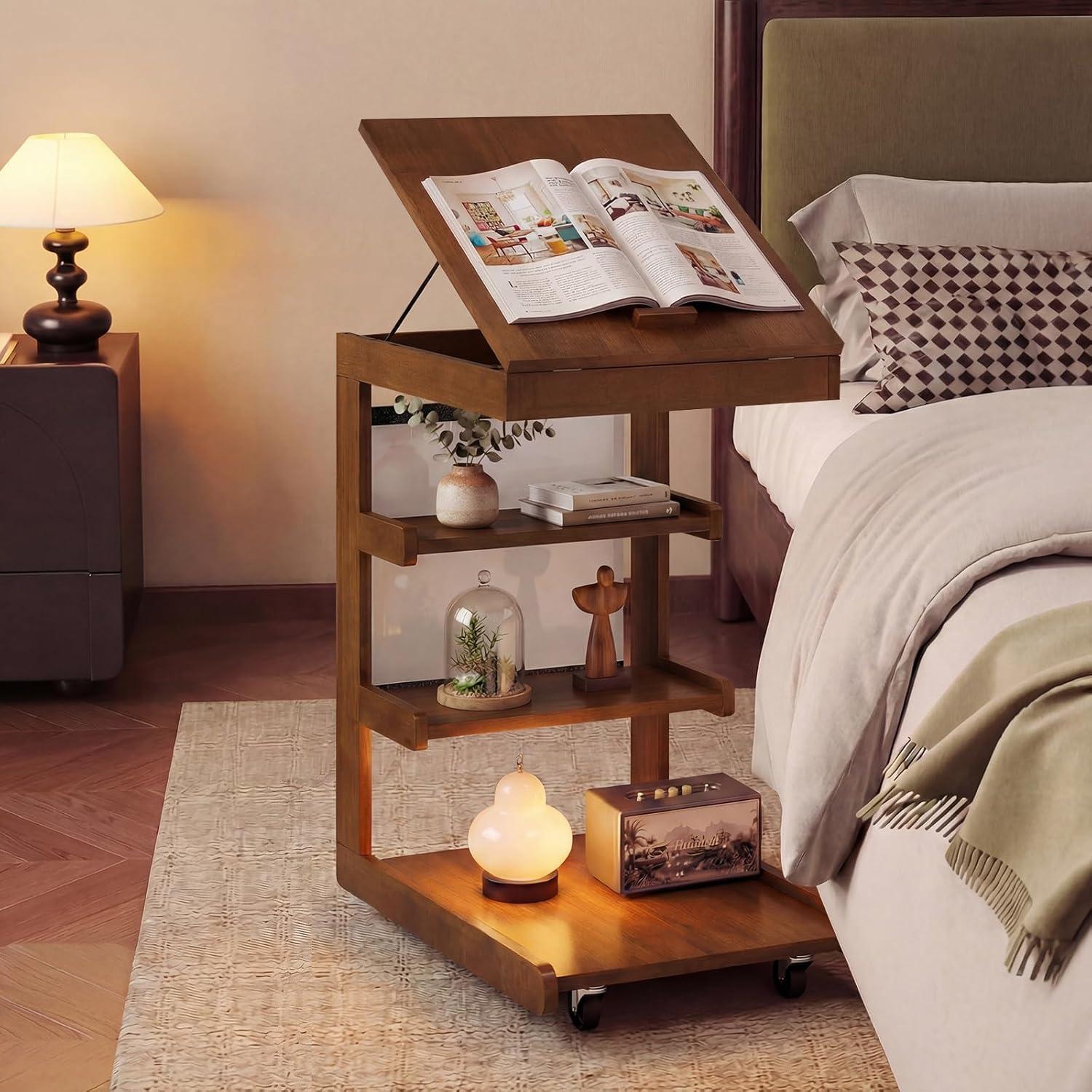 image:imageGiantex CShaped End Table with Wheels Wooden Rolling Side Table wAdjustable Desktop Edge Stopper Side Pocket amp 3 Storage Shelves Sofa Couch Bedside TV Tray for Living Room Bedroom Brown1Brown