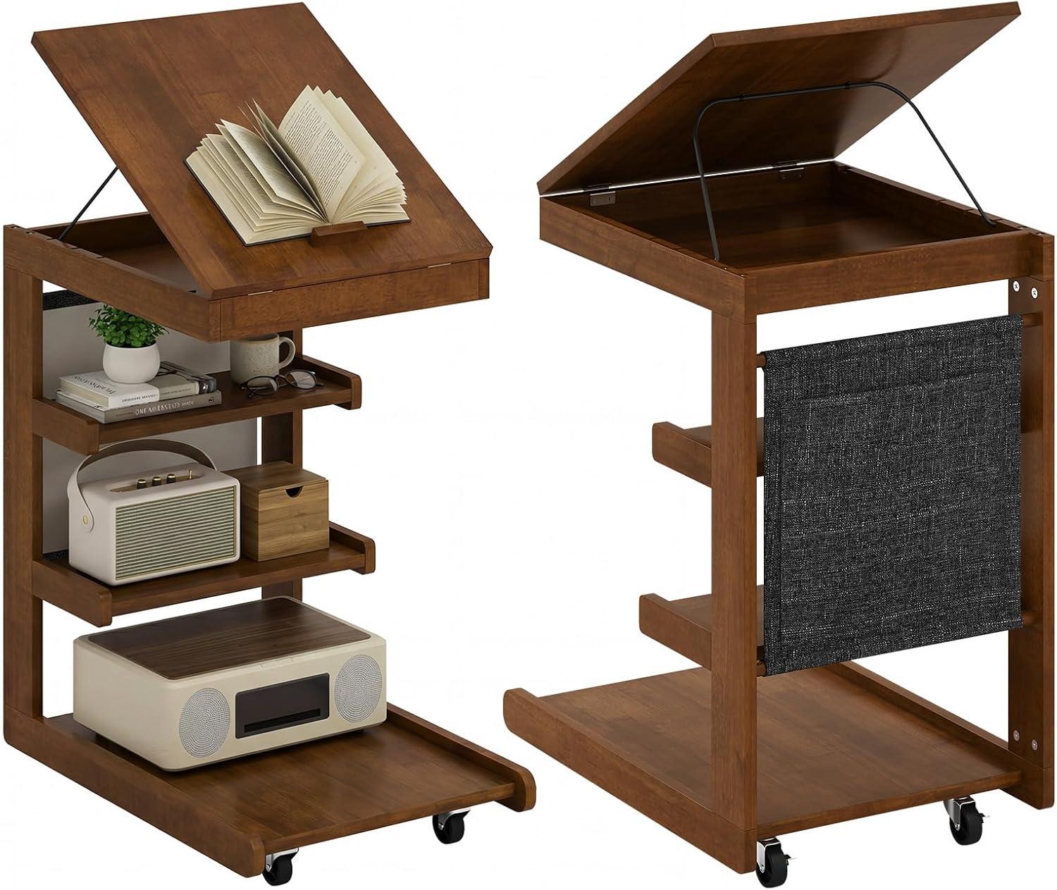 image:imageGiantex CShaped End Table with Wheels Wooden Rolling Side Table wAdjustable Desktop Edge Stopper Side Pocket amp 3 Storage Shelves Sofa Couch Bedside TV Tray for Living Room Bedroom Brown1Brown