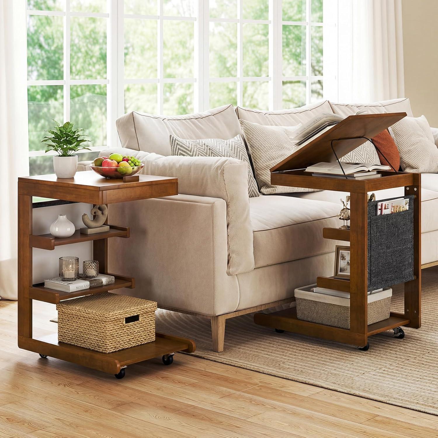 image:imageGiantex CShaped End Table with Wheels Wooden Rolling Side Table wAdjustable Desktop Edge Stopper Side Pocket amp 3 Storage Shelves Sofa Couch Bedside TV Tray for Living Room Bedroom Brown1Brown