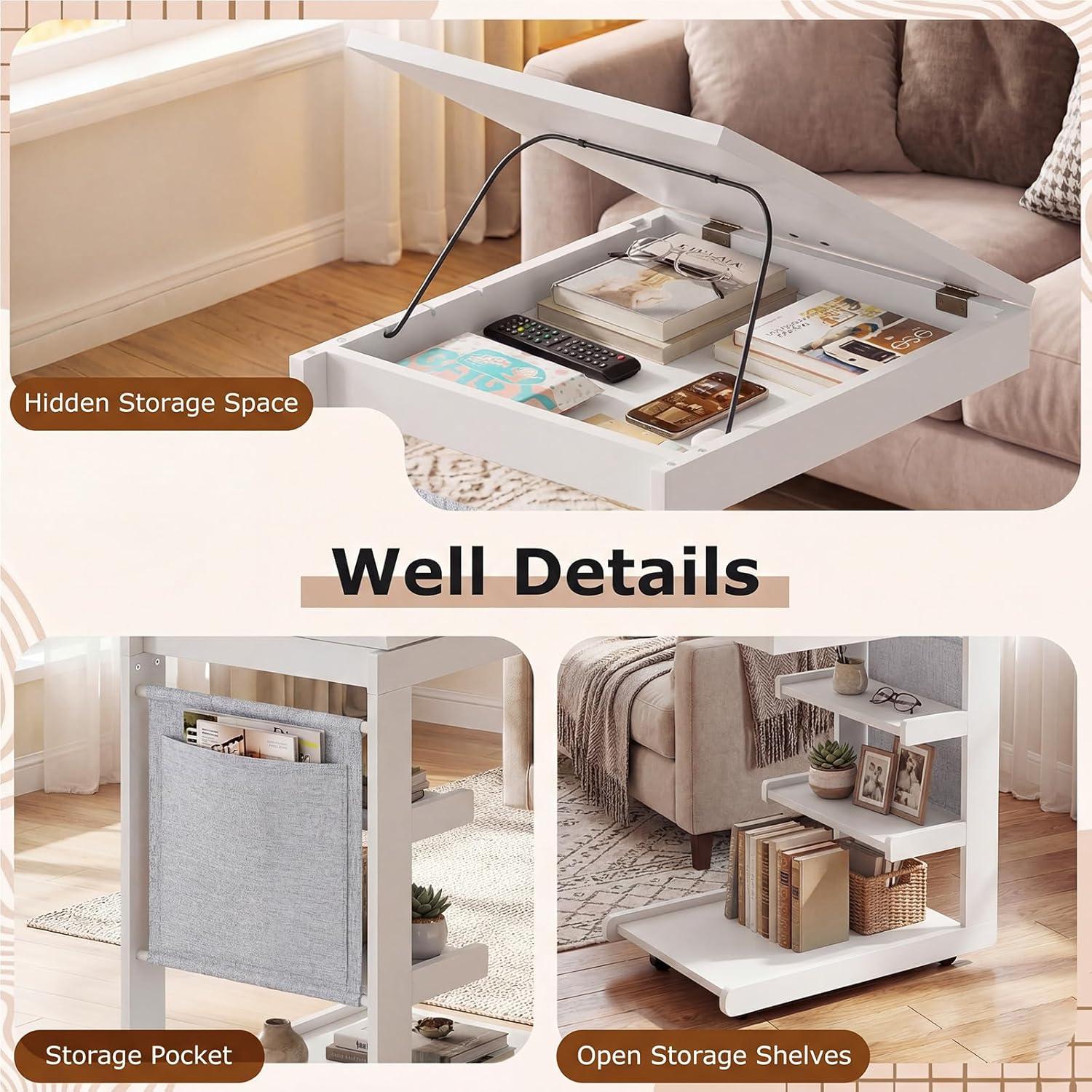 image:imageGiantex CShaped End Table with Wheels Wooden Rolling Side Table wAdjustable Desktop Edge Stopper Side Pocket amp 3 Storage Shelves Sofa Couch Bedside TV Tray for Living Room Bedroom Brown1White