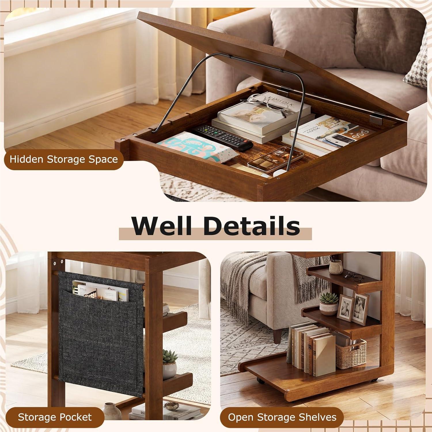 image:imageGiantex CShaped End Table with Wheels Wooden Rolling Side Table wAdjustable Desktop Edge Stopper Side Pocket amp 3 Storage Shelves Sofa Couch Bedside TV Tray for Living Room Bedroom Brown1Brown