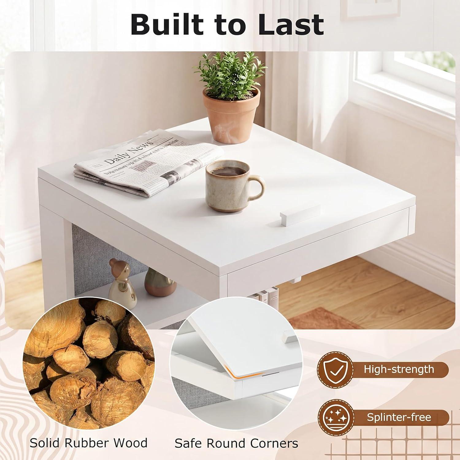 image:imageGiantex CShaped End Table with Wheels Wooden Rolling Side Table wAdjustable Desktop Edge Stopper Side Pocket amp 3 Storage Shelves Sofa Couch Bedside TV Tray for Living Room Bedroom Brown1White