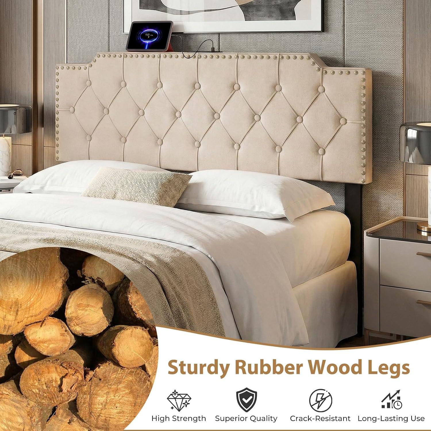 image:imageGiantex Headboard with Charging Station QueenFull Size Geometric Tufted Upholstered Head Board w2 AC Outlets USB amp TypeC Ports Rubber Wood Legs Width Adjustable Modern Bed Headboard Only GreyBeige