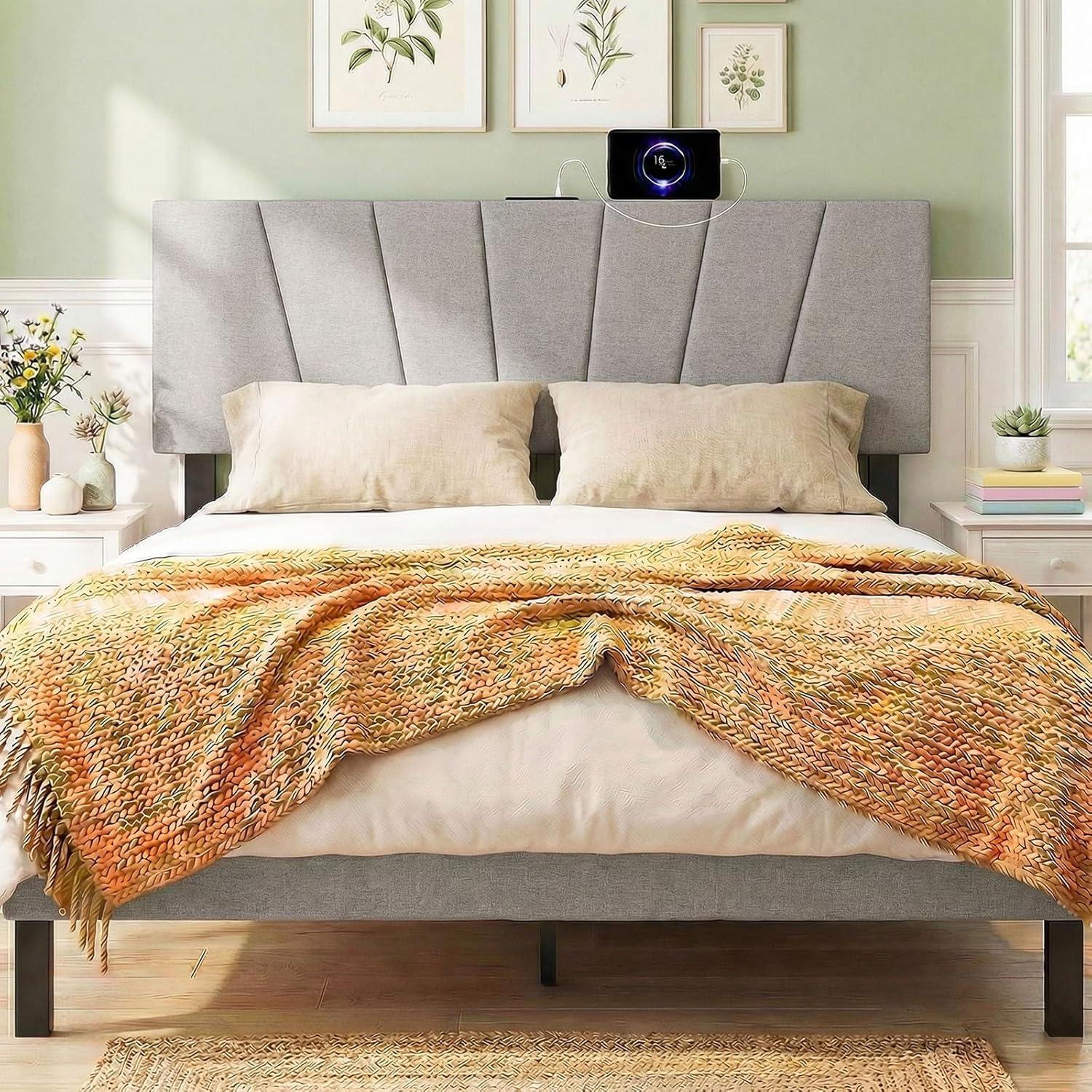 image:imageGiantex Headboard with Charging Station QueenFull Size Geometric Tufted Upholstered Head Board w2 AC Outlets USB amp TypeC Ports Rubber Wood Legs Width Adjustable Modern Bed Headboard Only GreyGray