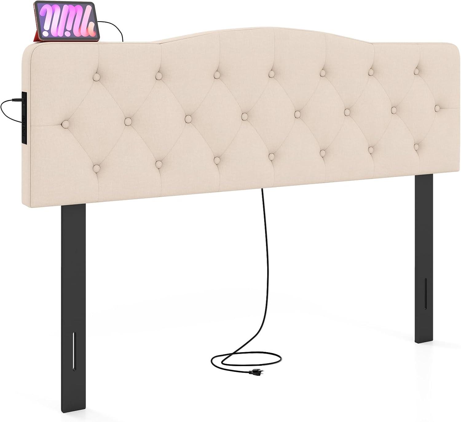 image:imageGiantex Headboard with Charging Station QueenFull Size Geometric Tufted Upholstered Head Board w2 AC Outlets USB amp TypeC Ports Rubber Wood Legs Width Adjustable Modern Bed Headboard Only GreyBeige