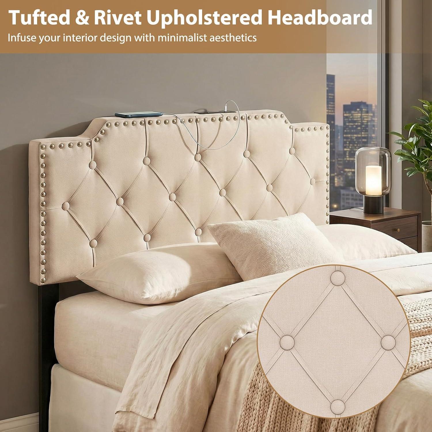 image:imageGiantex Headboard with Charging Station QueenFull Size Geometric Tufted Upholstered Head Board w2 AC Outlets USB amp TypeC Ports Rubber Wood Legs Width Adjustable Modern Bed Headboard Only GreyBeige