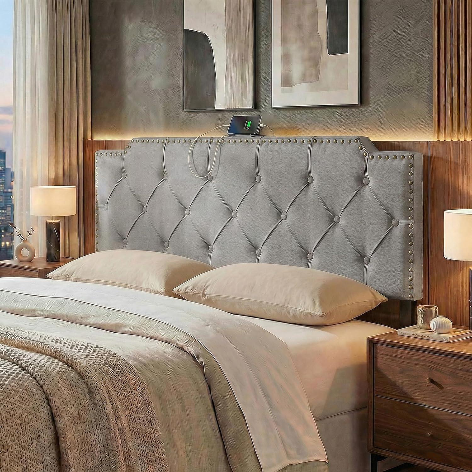 image:imageGiantex Headboard with Charging Station QueenFull Size Geometric Tufted Upholstered Head Board w2 AC Outlets USB amp TypeC Ports Rubber Wood Legs Width Adjustable Modern Bed Headboard Only GreyGray