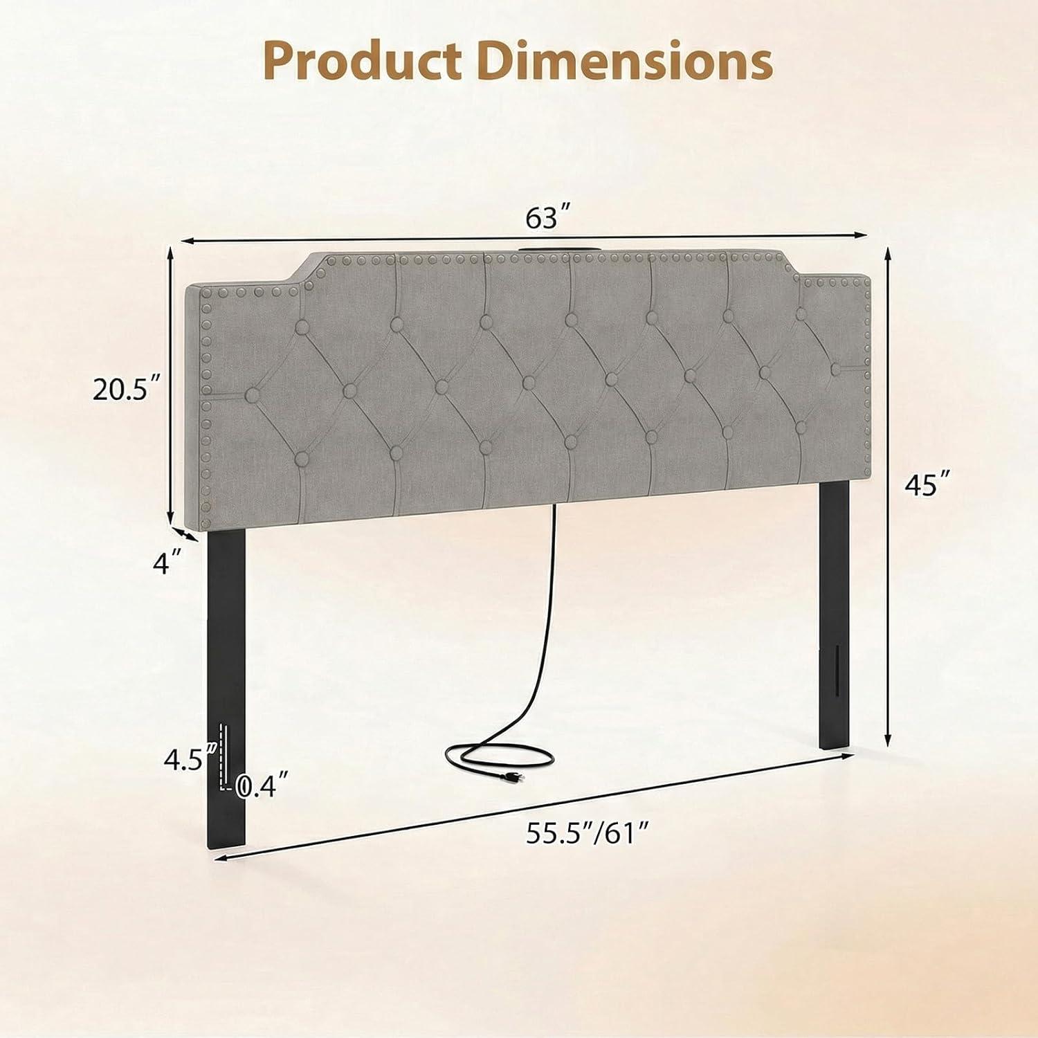 image:imageGiantex Headboard with Charging Station QueenFull Size Geometric Tufted Upholstered Head Board w2 AC Outlets USB amp TypeC Ports Rubber Wood Legs Width Adjustable Modern Bed Headboard Only GreyGray