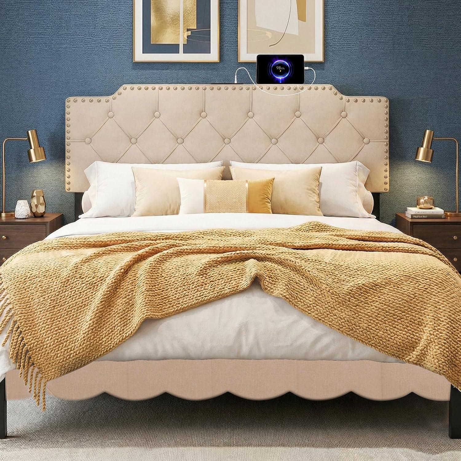 image:imageGiantex Headboard with Charging Station QueenFull Size Geometric Tufted Upholstered Head Board w2 AC Outlets USB amp TypeC Ports Rubber Wood Legs Width Adjustable Modern Bed Headboard Only GreyBeige