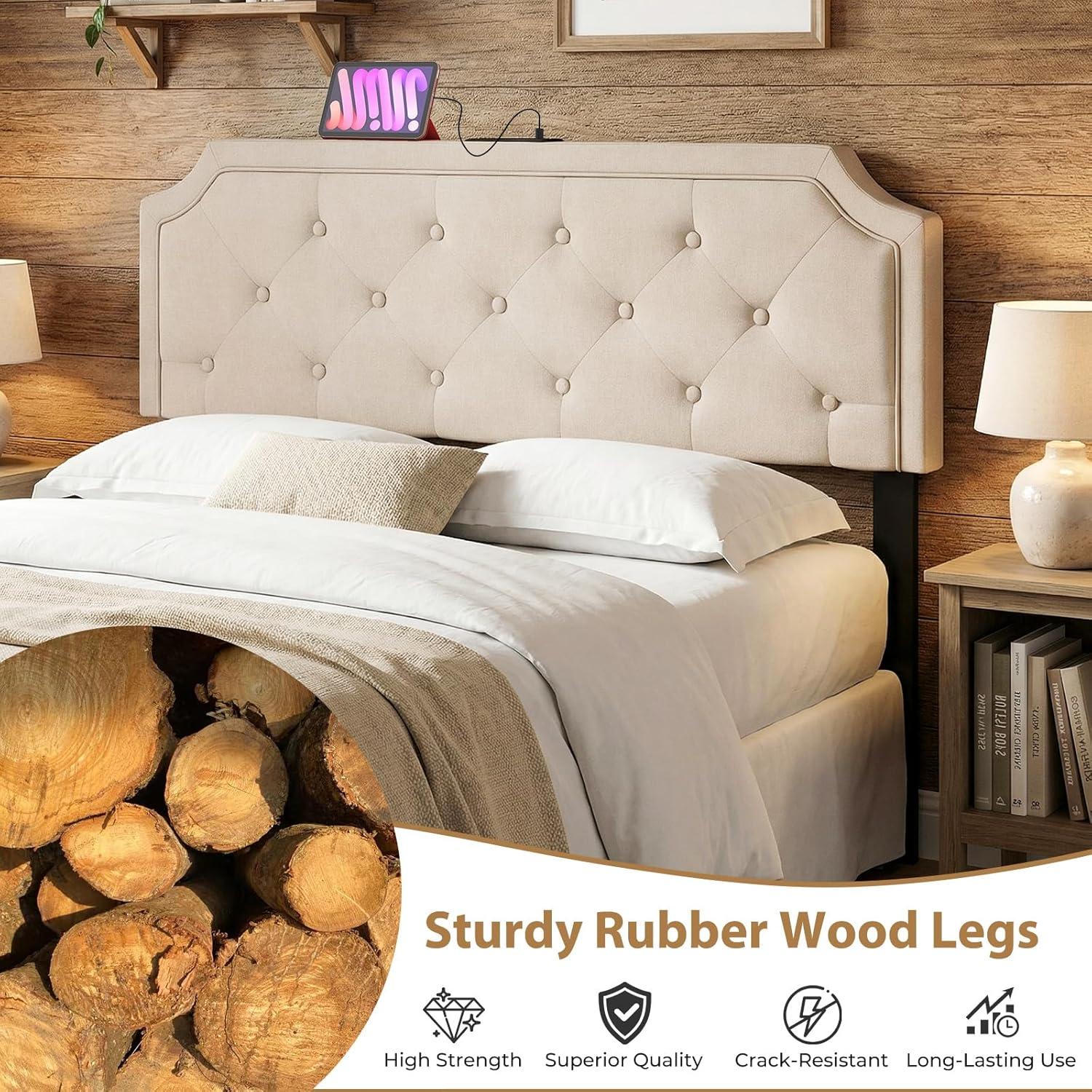 image:imageGiantex Headboard with Charging Station QueenFull Size Geometric Tufted Upholstered Head Board w2 AC Outlets USB amp TypeC Ports Rubber Wood Legs Width Adjustable Modern Bed Headboard Only GreyBeige