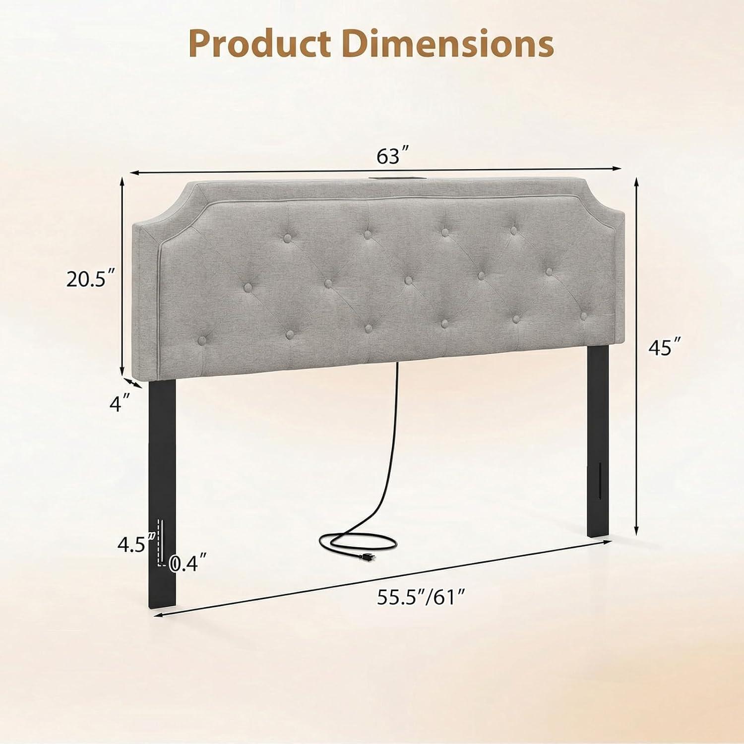 image:imageGiantex Headboard with Charging Station QueenFull Size Geometric Tufted Upholstered Head Board w2 AC Outlets USB amp TypeC Ports Rubber Wood Legs Width Adjustable Modern Bed Headboard Only GreyGray