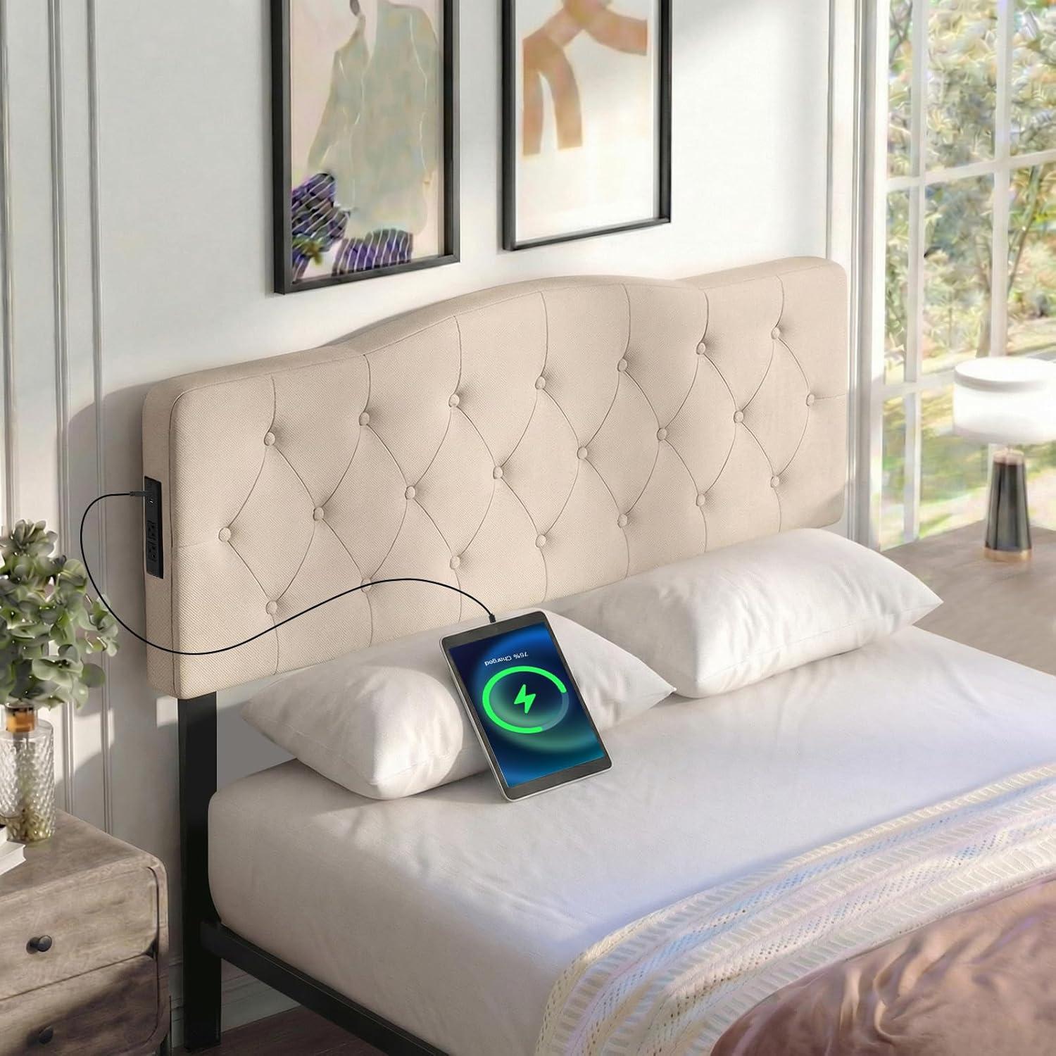 image:imageGiantex Headboard with Charging Station QueenFull Size Geometric Tufted Upholstered Head Board w2 AC Outlets USB amp TypeC Ports Rubber Wood Legs Width Adjustable Modern Bed Headboard Only GreyBeige