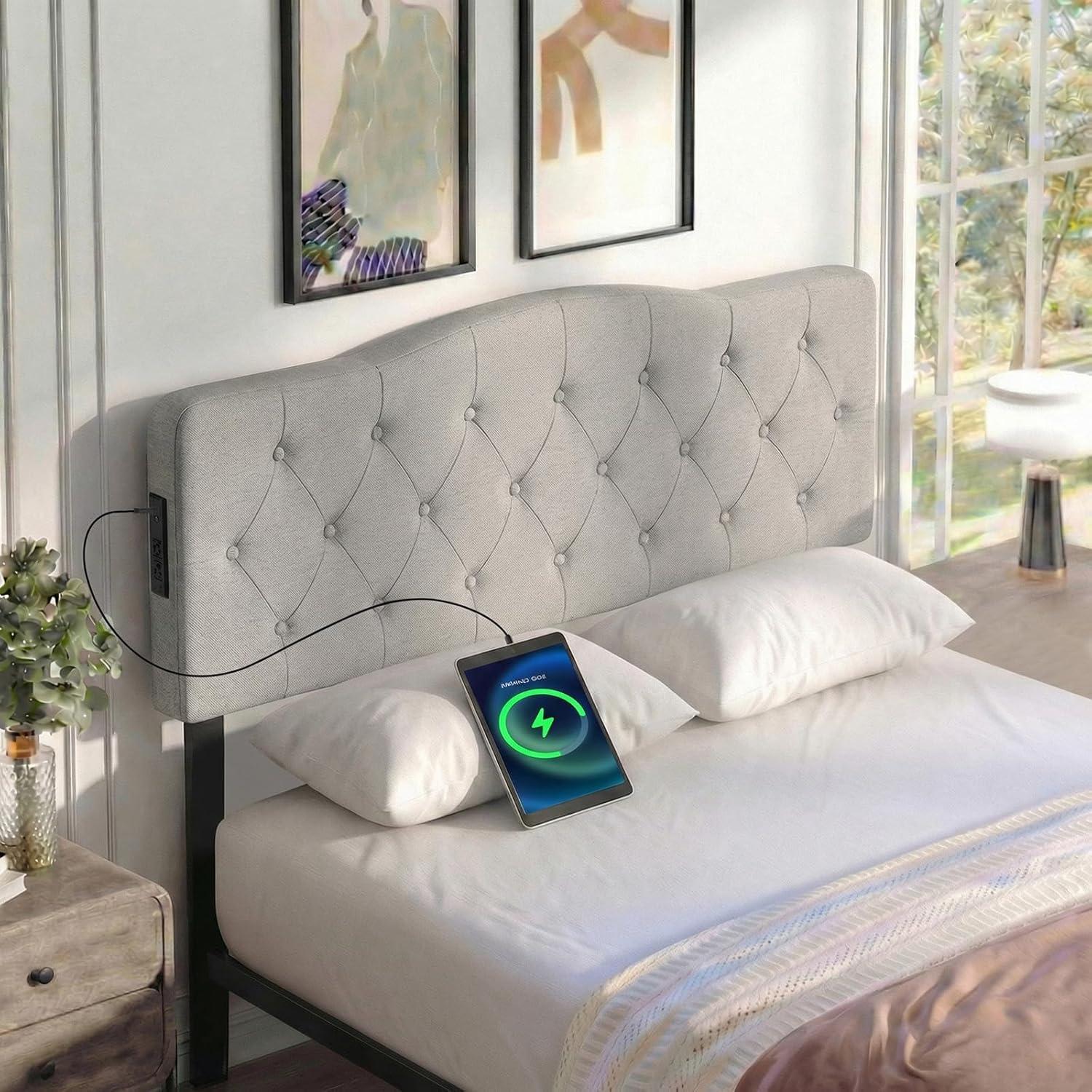 image:imageGiantex Headboard with Charging Station QueenFull Size Geometric Tufted Upholstered Head Board w2 AC Outlets USB amp TypeC Ports Rubber Wood Legs Width Adjustable Modern Bed Headboard Only GreyGray