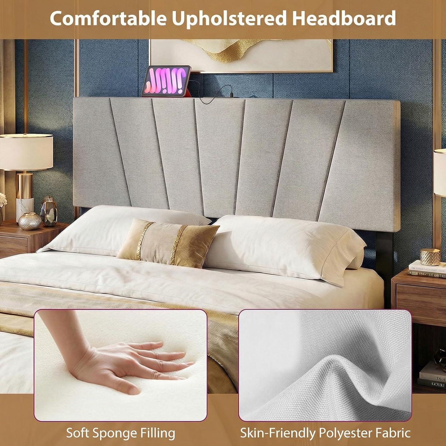 image:imageGiantex Headboard with Charging Station QueenFull Size Geometric Tufted Upholstered Head Board w2 AC Outlets USB amp TypeC Ports Rubber Wood Legs Width Adjustable Modern Bed Headboard Only GreyGray