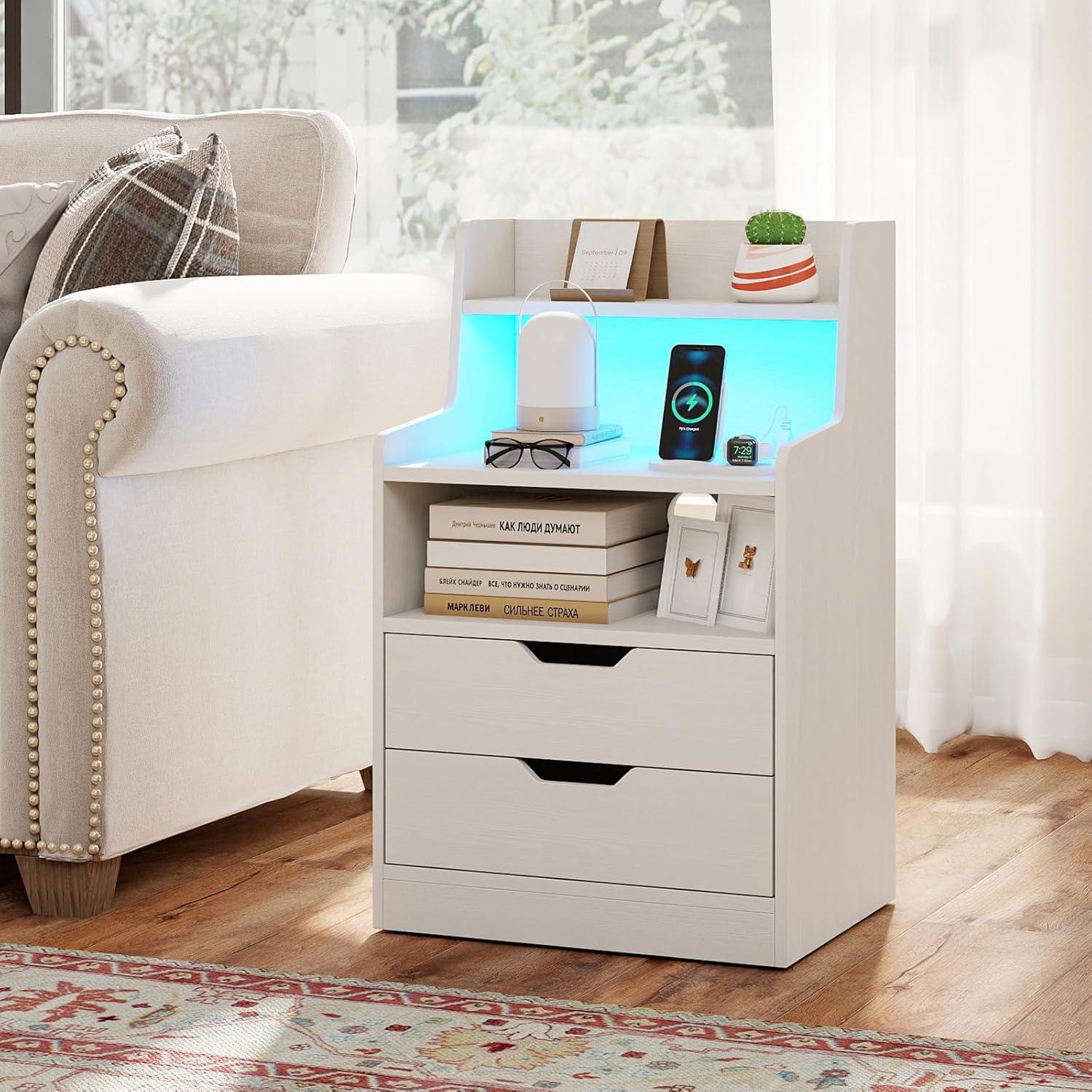 image:imageGiantex LED Night Stand with Charging Station End Side Table wOpen Shelves 2 Storage Drawers Cable Holes Nightstand wAdjustable Light Color amp Mode Modern Bedside Table for Bedroom 1 WhiteWhite