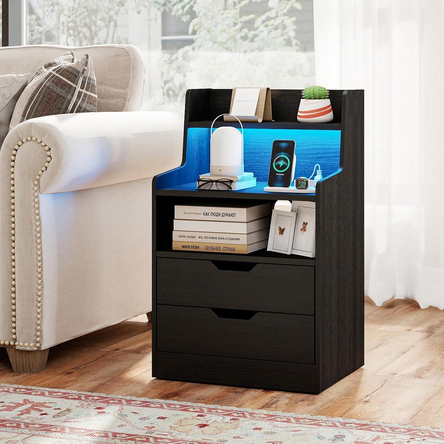 image:imageGiantex LED Night Stand with Charging Station End Side Table wOpen Shelves 2 Storage Drawers Cable Holes Nightstand wAdjustable Light Color amp Mode Modern Bedside Table for Bedroom 1 WhiteBlack