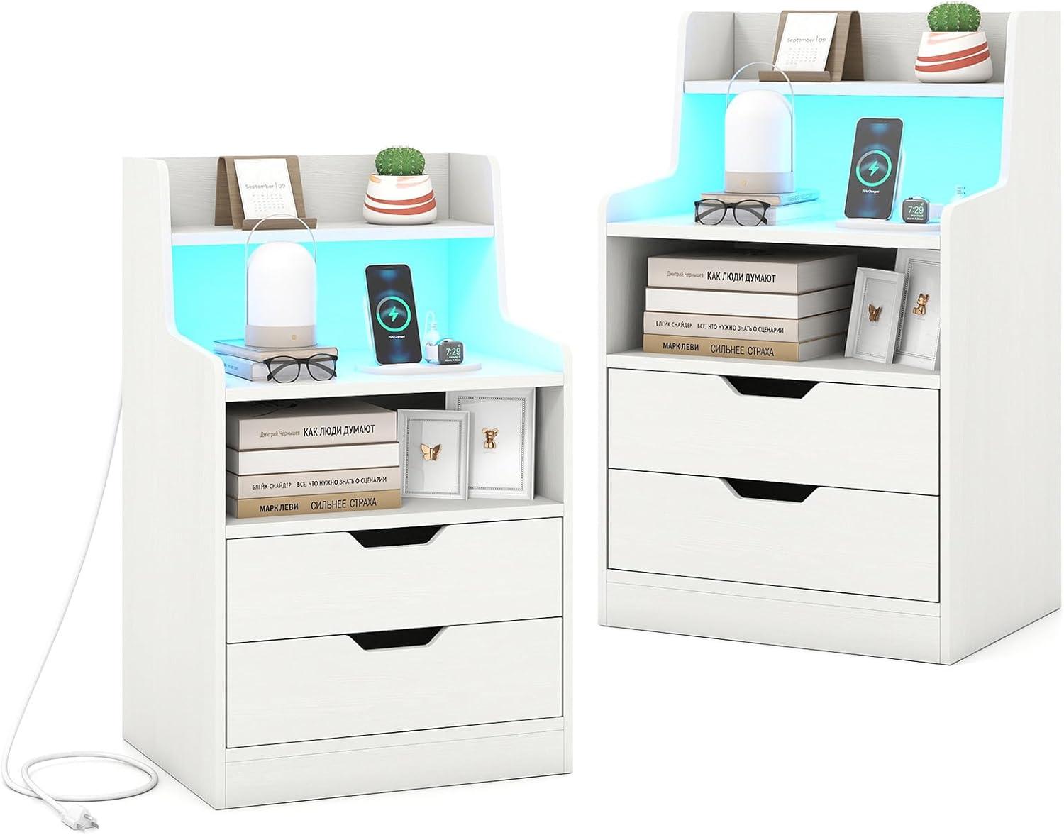 image:imageGiantex LED Night Stand with Charging Station End Side Table wOpen Shelves 2 Storage Drawers Cable Holes Nightstand wAdjustable Light Color amp Mode Modern Bedside Table for Bedroom 1 WhiteWhite