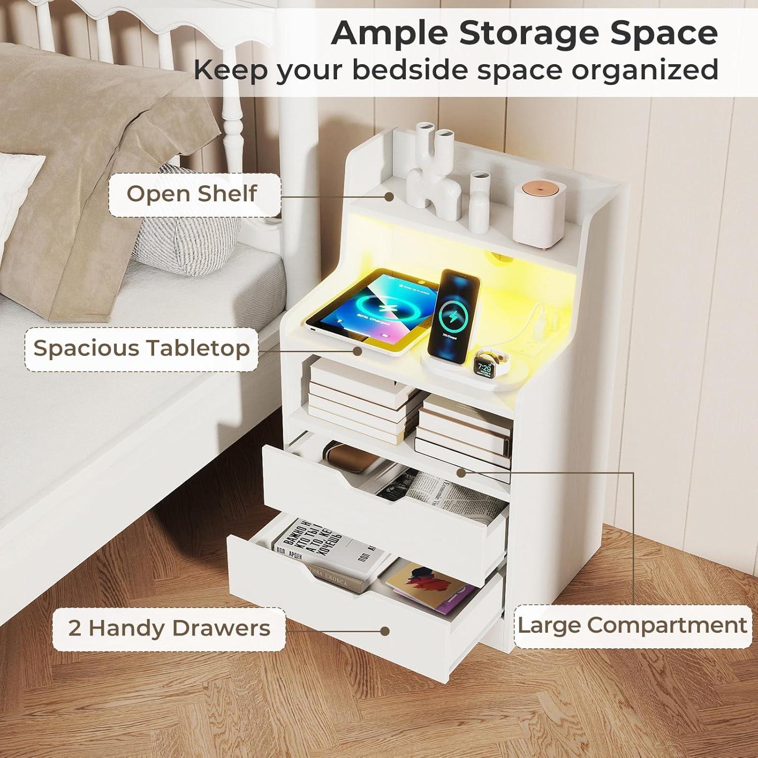 image:imageGiantex LED Night Stand with Charging Station End Side Table wOpen Shelves 2 Storage Drawers Cable Holes Nightstand wAdjustable Light Color amp Mode Modern Bedside Table for Bedroom 1 WhiteWhite