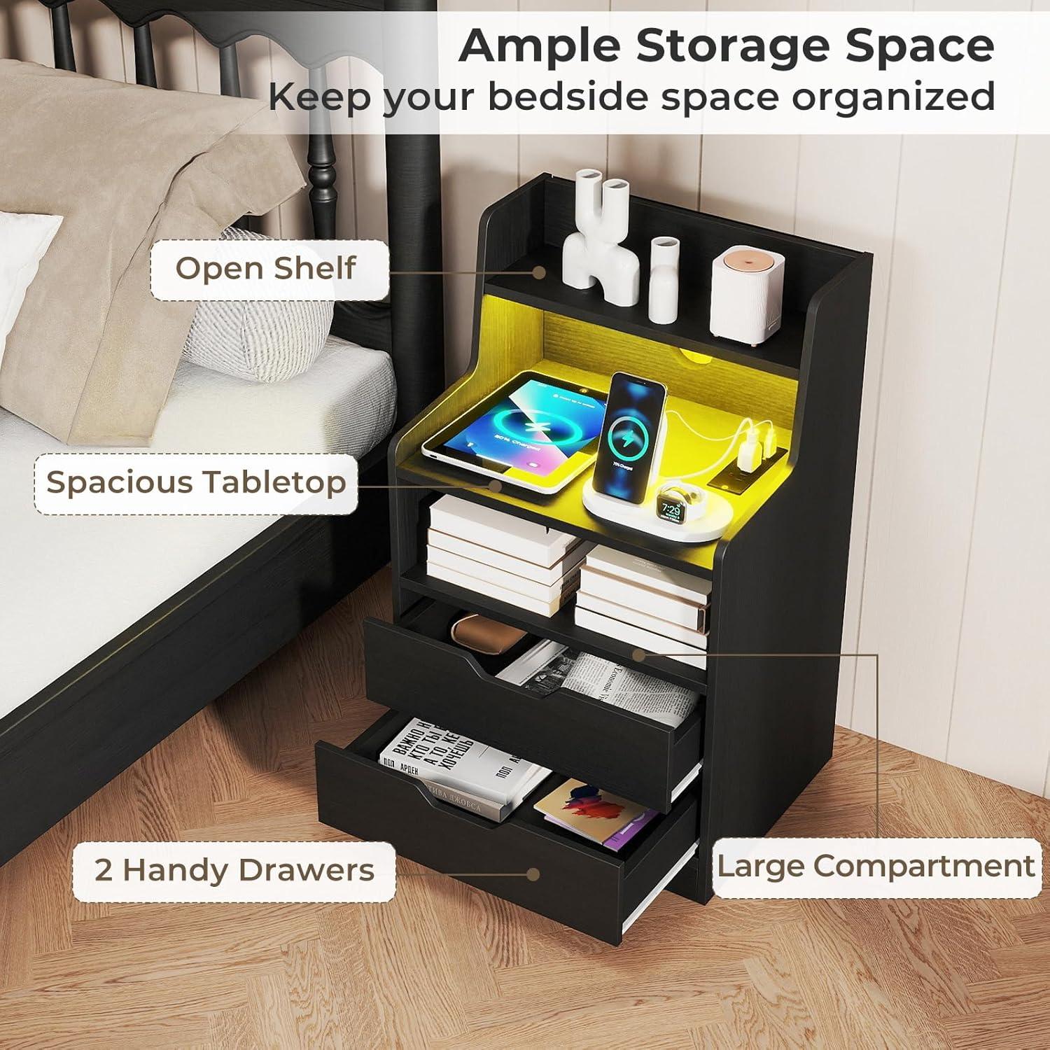 image:imageGiantex LED Night Stand with Charging Station End Side Table wOpen Shelves 2 Storage Drawers Cable Holes Nightstand wAdjustable Light Color amp Mode Modern Bedside Table for Bedroom 1 WhiteBlack