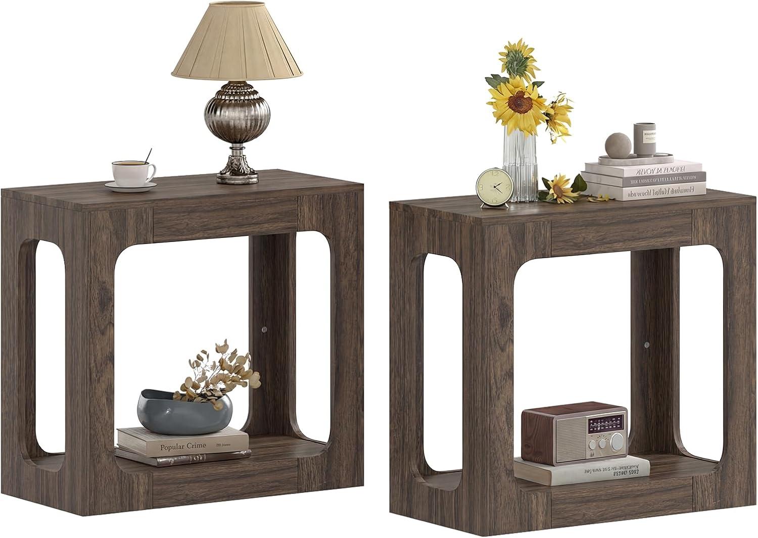 image:imageGiantex Narrow End Table 2Tier Farmhouse Side Table with Open Storage Shelf Arched Wood Night Stand for Bedroom Small Accent Furniture for Living Room Small Spaces OakBrown