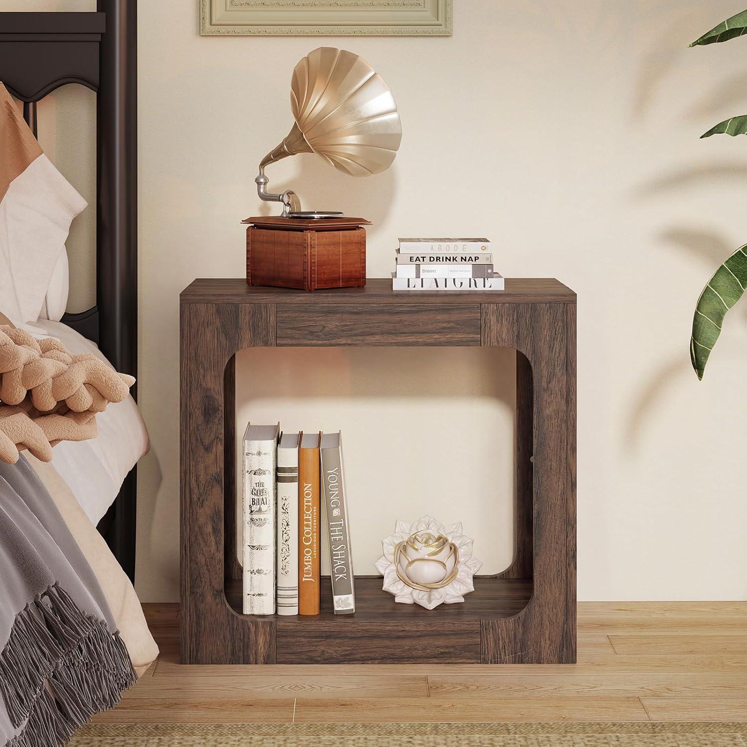 image:imageGiantex Narrow End Table 2Tier Farmhouse Side Table with Open Storage Shelf Arched Wood Night Stand for Bedroom Small Accent Furniture for Living Room Small Spaces OakBrown