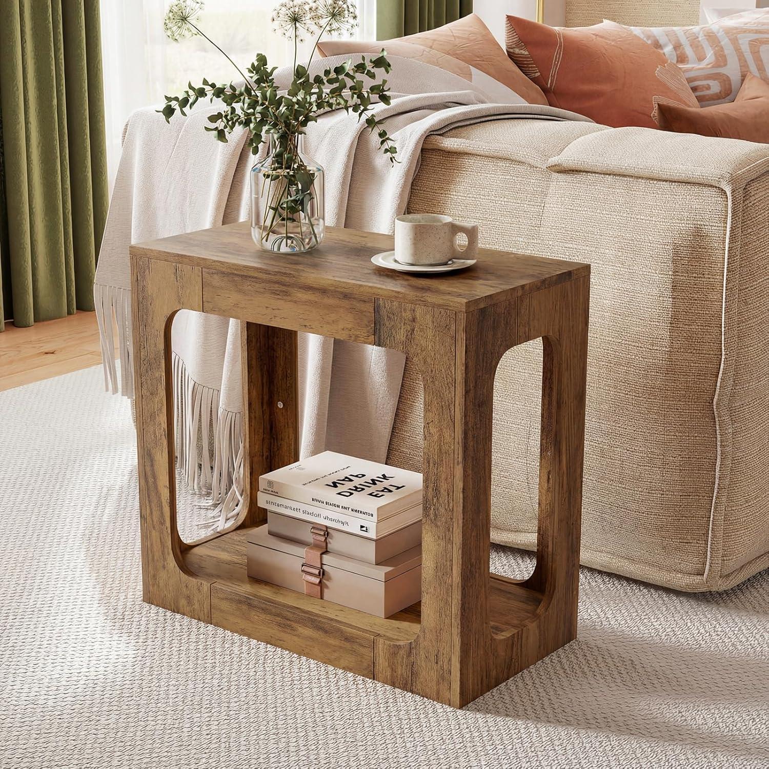 image:imageGiantex Narrow End Table 2Tier Farmhouse Side Table with Open Storage Shelf Arched Wood Night Stand for Bedroom Small Accent Furniture for Living Room Small Spaces OakOak
