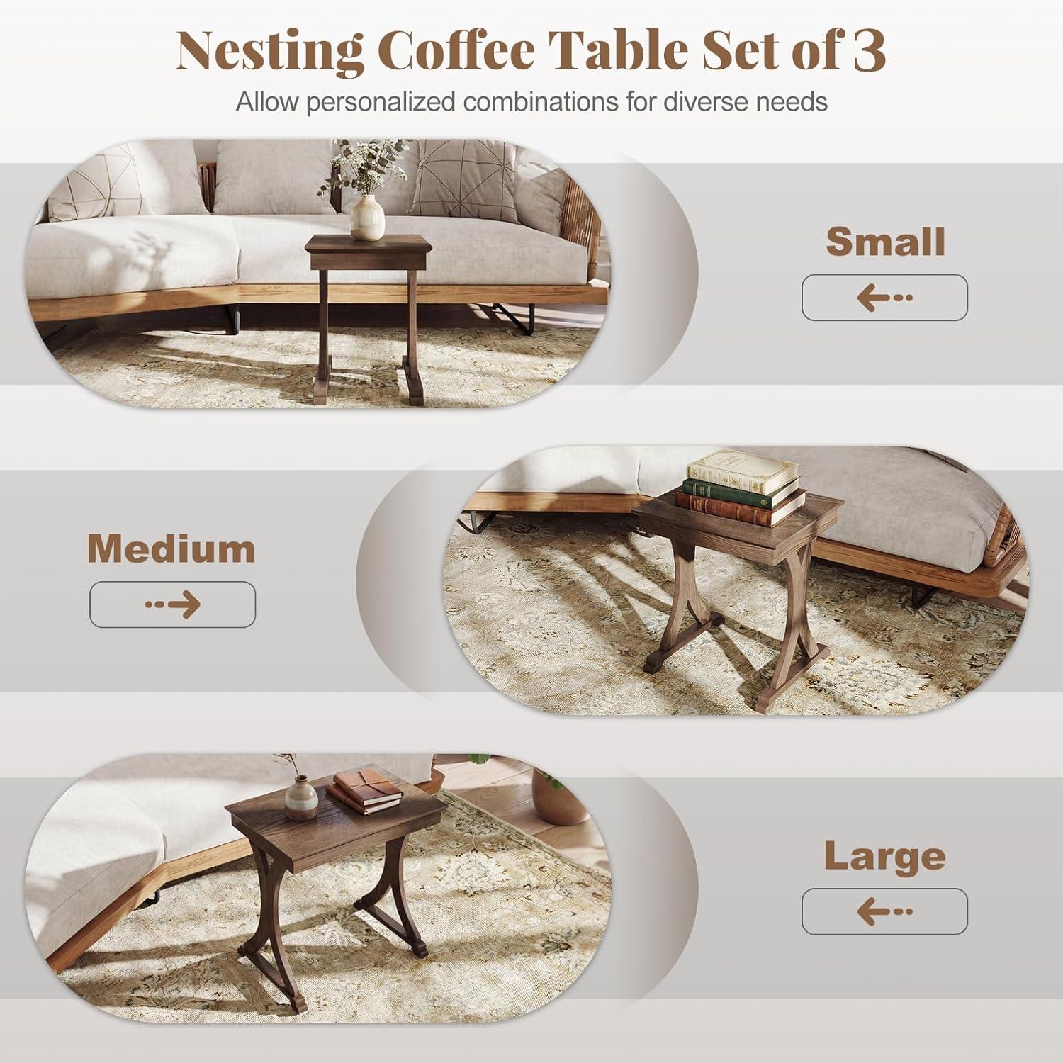 image:imageGiantex Nesting Coffee Table Setof3 Stackable Rectangular Sofa End Side Table wSolid Rubber Wood Legs Vintage Farmhouse Night Stand for Bedroom Living Room Home Office Small Spaces