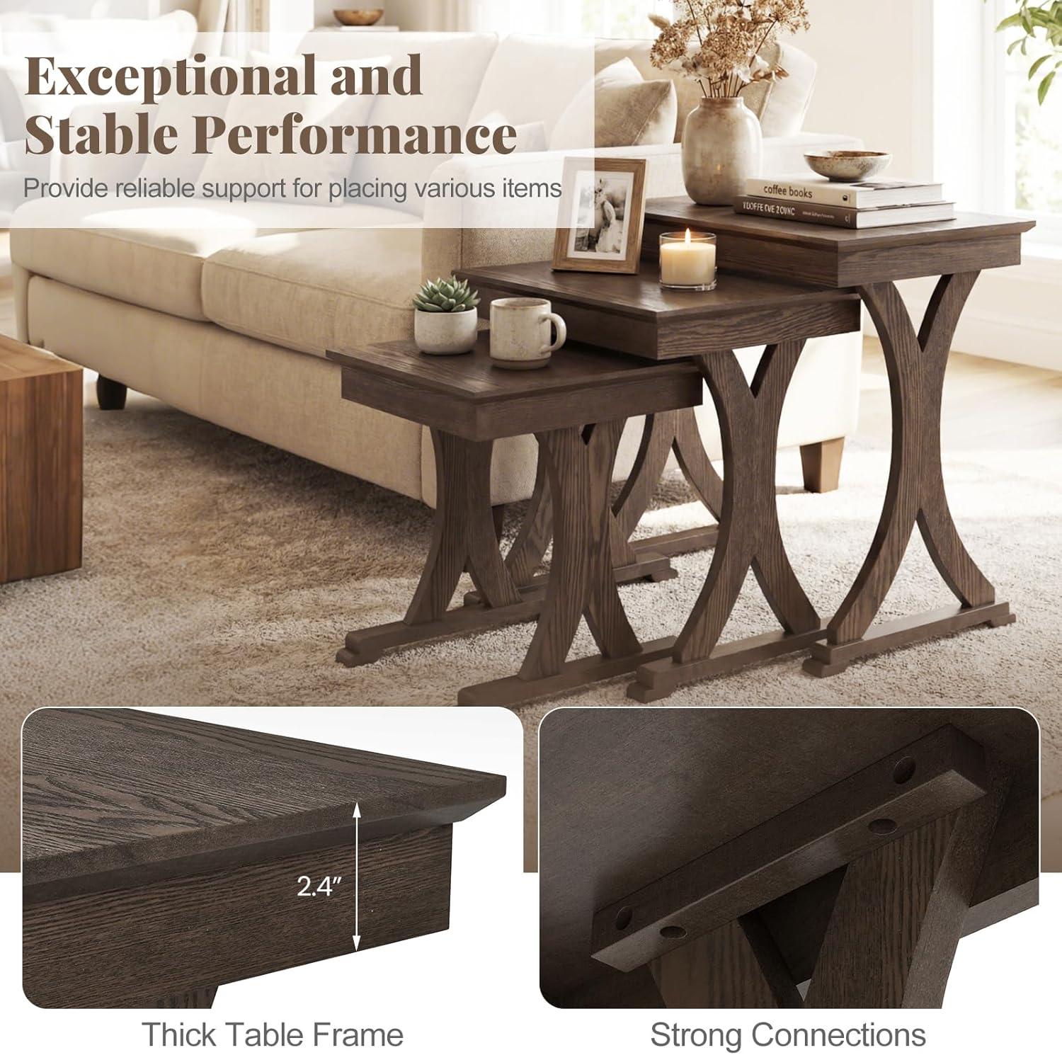 image:imageGiantex Nesting Coffee Table Setof3 Stackable Rectangular Sofa End Side Table wSolid Rubber Wood Legs Vintage Farmhouse Night Stand for Bedroom Living Room Home Office Small Spaces