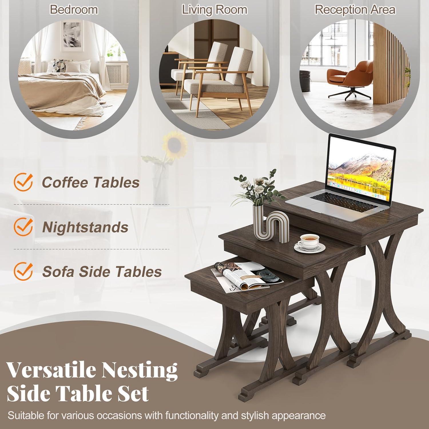 image:imageGiantex Nesting Coffee Table Setof3 Stackable Rectangular Sofa End Side Table wSolid Rubber Wood Legs Vintage Farmhouse Night Stand for Bedroom Living Room Home Office Small Spaces