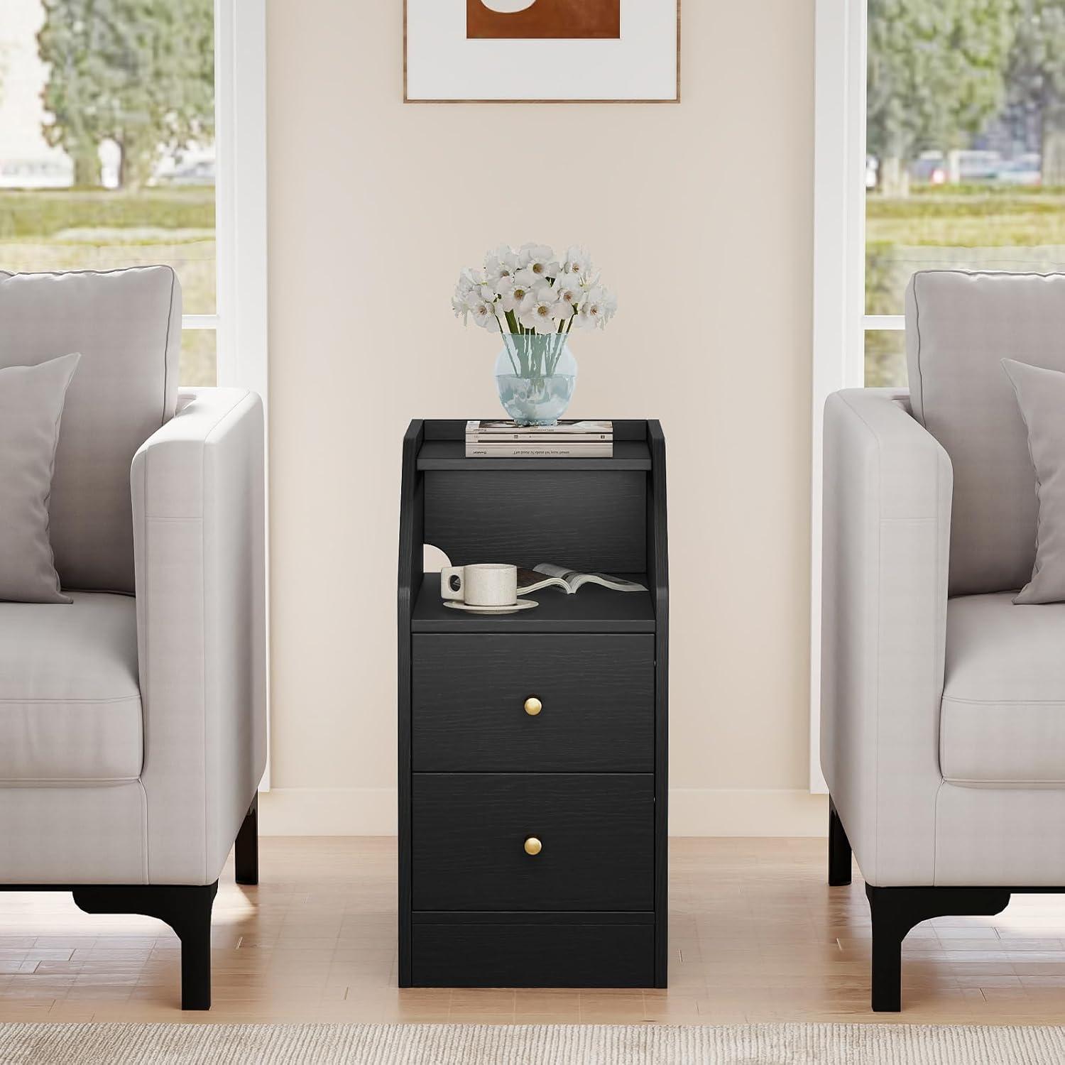 image:imageGiantex Night Stand with Charging Station Sofa Couch End Side Table wOpen Shelf Storage Drawers USB amp TypeC Port Modern Narrow Nightstand Bedside Table for Bedroom Small Spaces 1 WhiteBlack