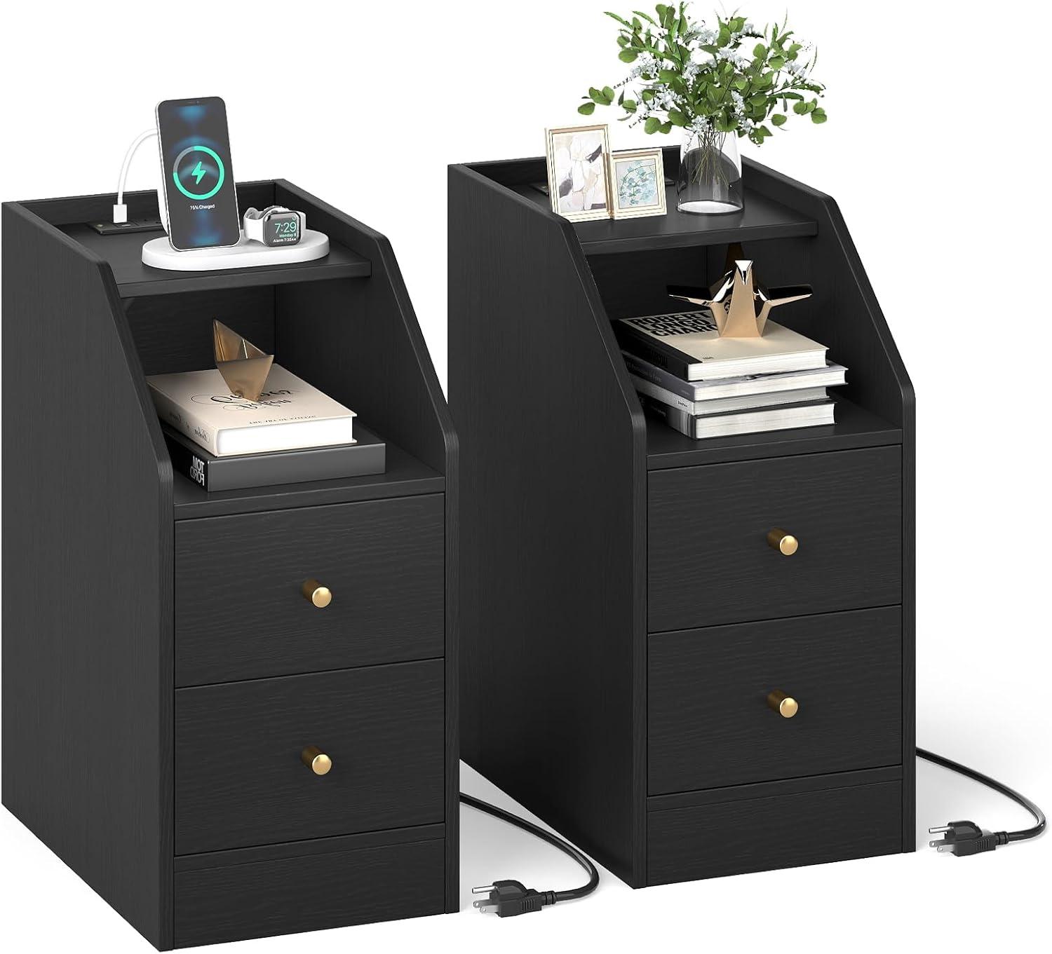 image:imageGiantex Night Stand with Charging Station Sofa Couch End Side Table wOpen Shelf Storage Drawers USB amp TypeC Port Modern Narrow Nightstand Bedside Table for Bedroom Small Spaces 1 WhiteBlack