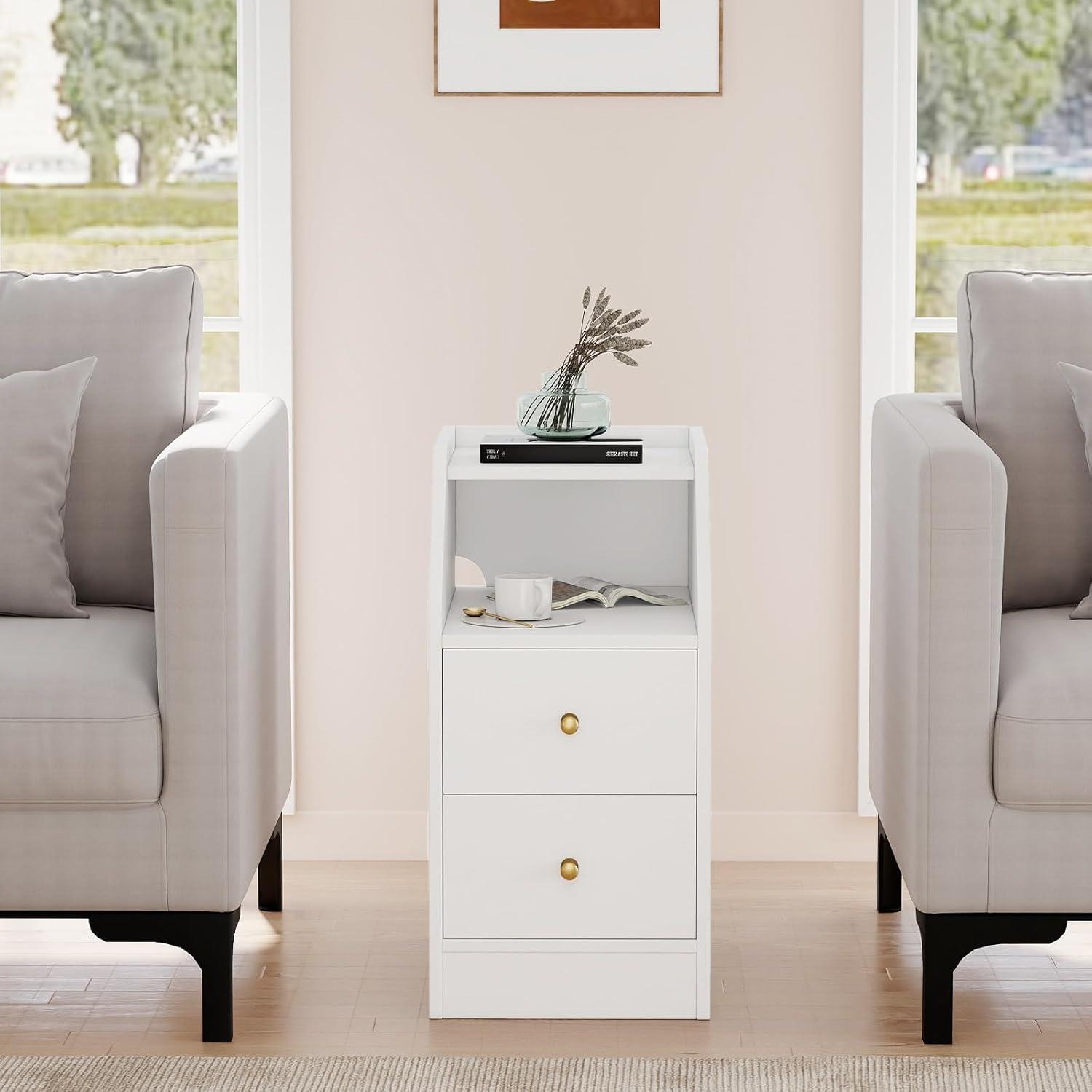 image:imageGiantex Night Stand with Charging Station Sofa Couch End Side Table wOpen Shelf Storage Drawers USB amp TypeC Port Modern Narrow Nightstand Bedside Table for Bedroom Small Spaces 1 WhiteWhite
