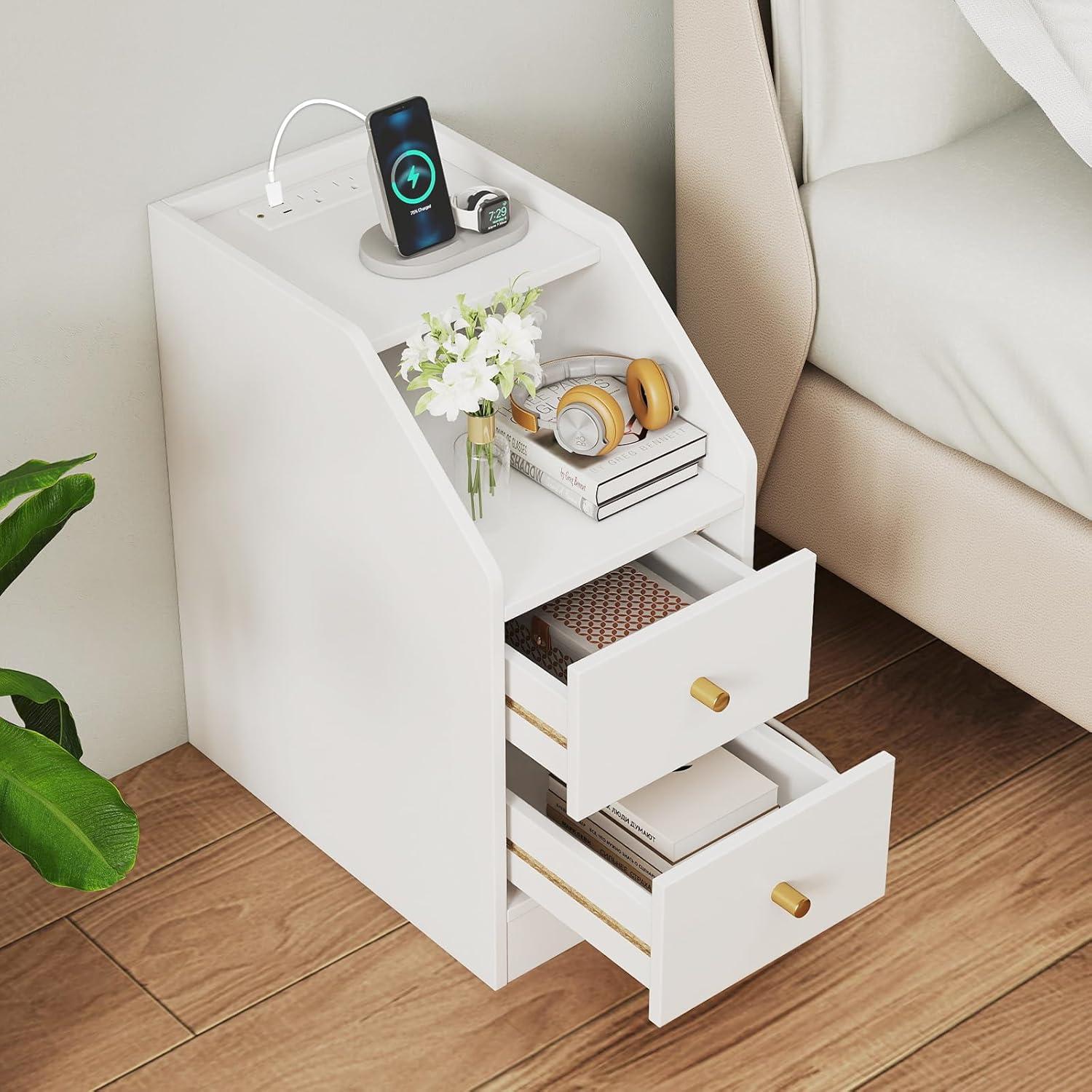 image:imageGiantex Night Stand with Charging Station Sofa Couch End Side Table wOpen Shelf Storage Drawers USB amp TypeC Port Modern Narrow Nightstand Bedside Table for Bedroom Small Spaces 1 WhiteWhite