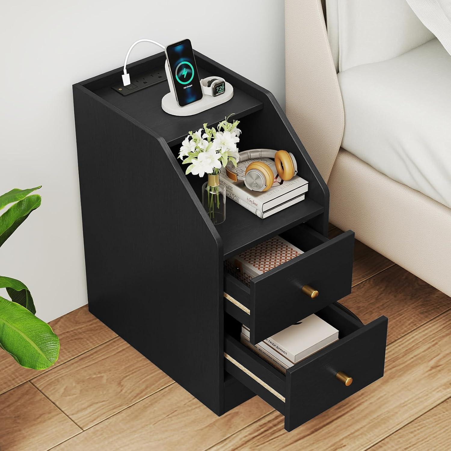 image:imageGiantex Night Stand with Charging Station Sofa Couch End Side Table wOpen Shelf Storage Drawers USB amp TypeC Port Modern Narrow Nightstand Bedside Table for Bedroom Small Spaces 1 WhiteBlack