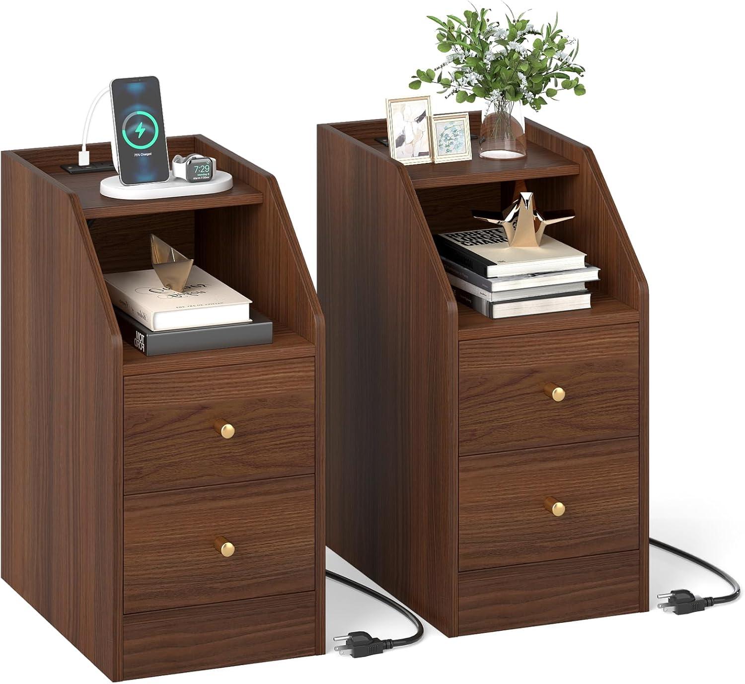 image:imageGiantex Night Stand with Charging Station Sofa Couch End Side Table wOpen Shelf Storage Drawers USB amp TypeC Port Modern Narrow Nightstand Bedside Table for Bedroom Small Spaces 1 WhiteWalnut