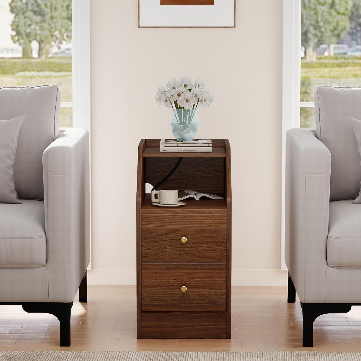 image:imageGiantex Night Stand with Charging Station Sofa Couch End Side Table wOpen Shelf Storage Drawers USB amp TypeC Port Modern Narrow Nightstand Bedside Table for Bedroom Small Spaces 1 WhiteWalnut