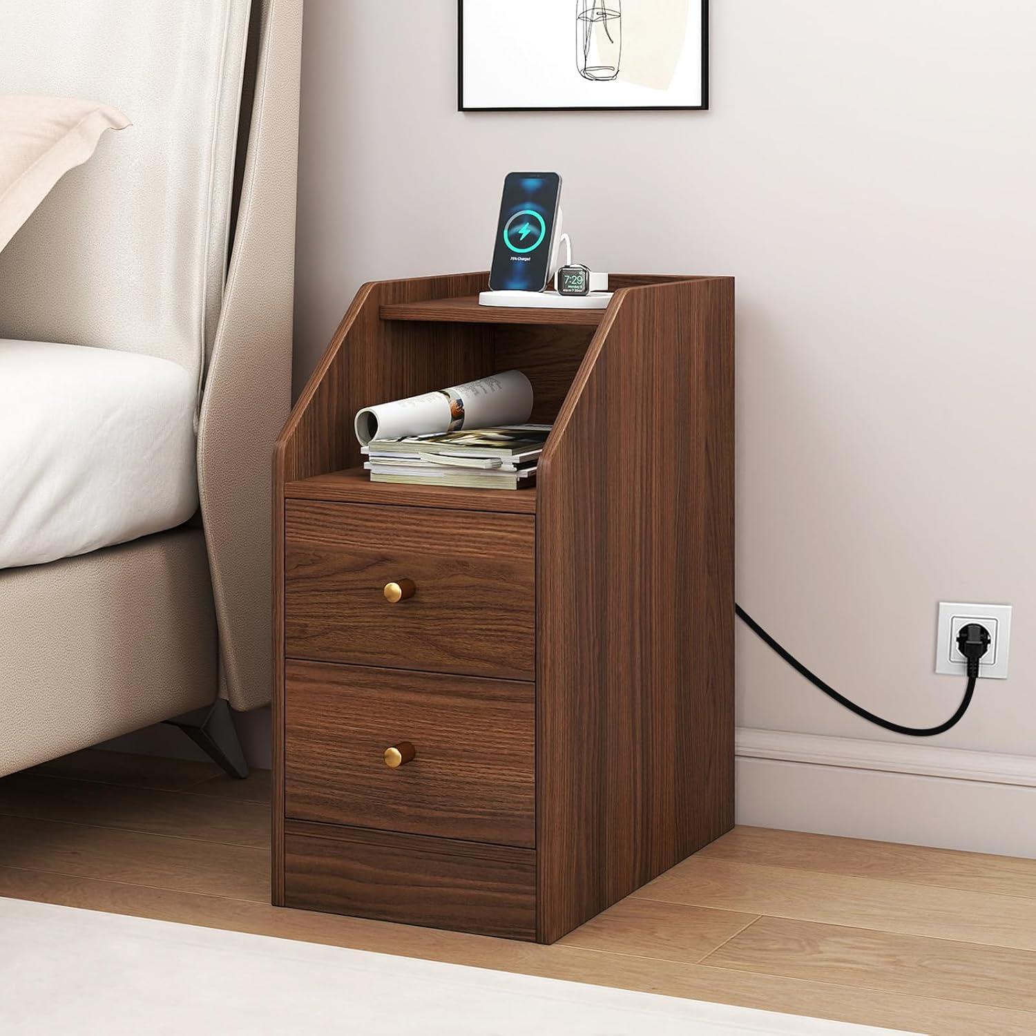 image:imageGiantex Night Stand with Charging Station Sofa Couch End Side Table wOpen Shelf Storage Drawers USB amp TypeC Port Modern Narrow Nightstand Bedside Table for Bedroom Small Spaces 1 WhiteWalnut