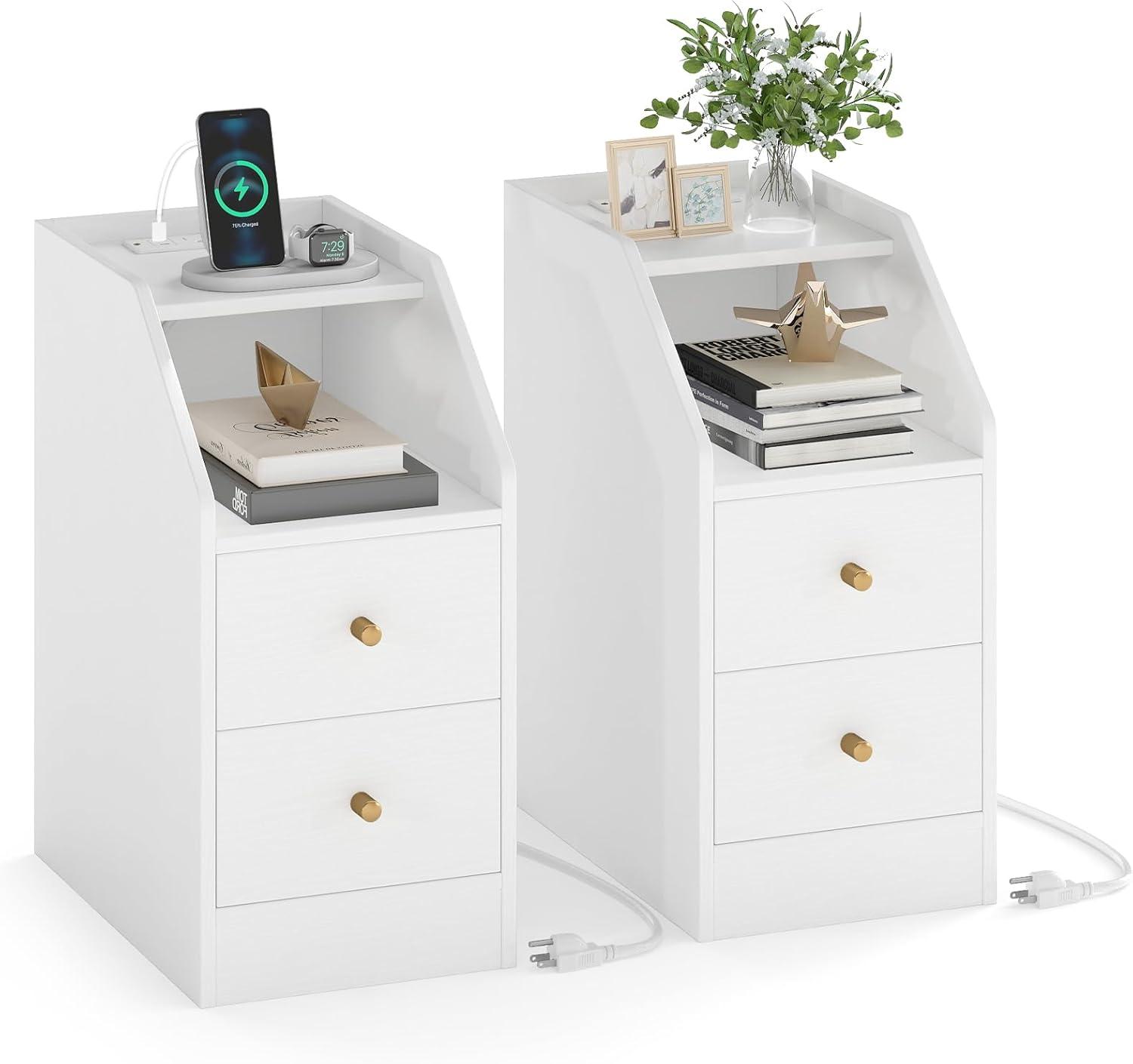 image:imageGiantex Night Stand with Charging Station Sofa Couch End Side Table wOpen Shelf Storage Drawers USB amp TypeC Port Modern Narrow Nightstand Bedside Table for Bedroom Small Spaces 1 WhiteWhite