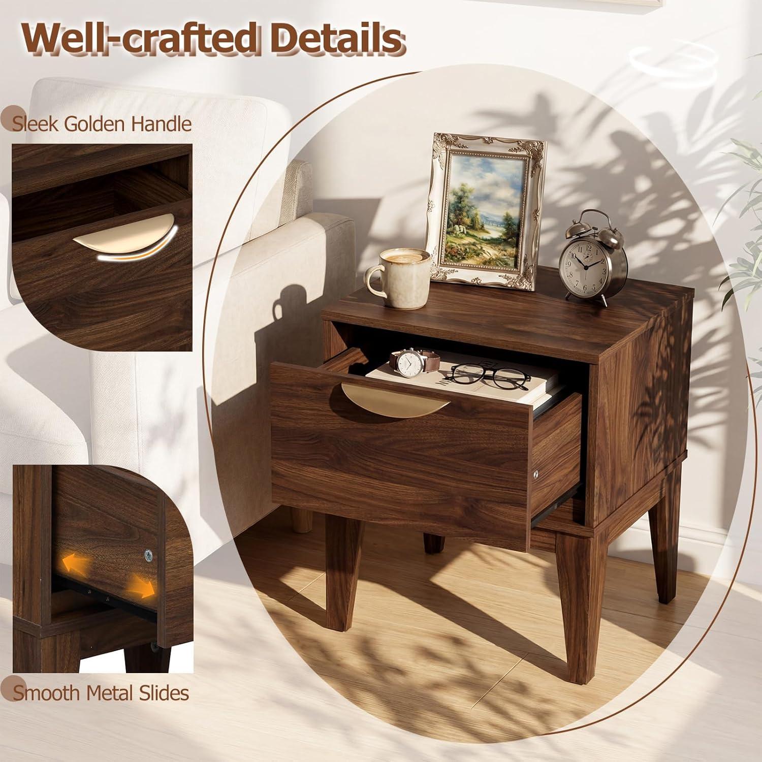 image:imageGiantex Night Stand with Storage Mid Century Modern Wood Bedside Table with Drawer amp Tapered Support Legs 21 Compact Sofa End Couch Side Table for Small Spaces Bedroom Walnut 11