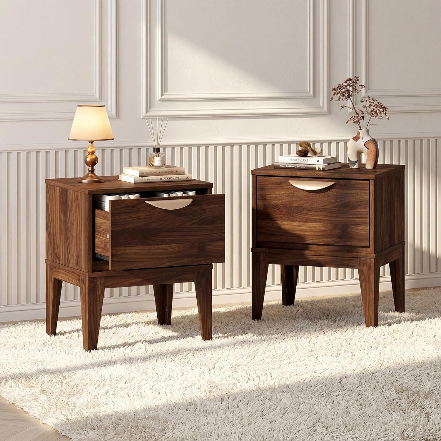image:imageGiantex Night Stand with Storage Mid Century Modern Wood Bedside Table with Drawer amp Tapered Support Legs 21 Compact Sofa End Couch Side Table for Small Spaces Bedroom Walnut 12