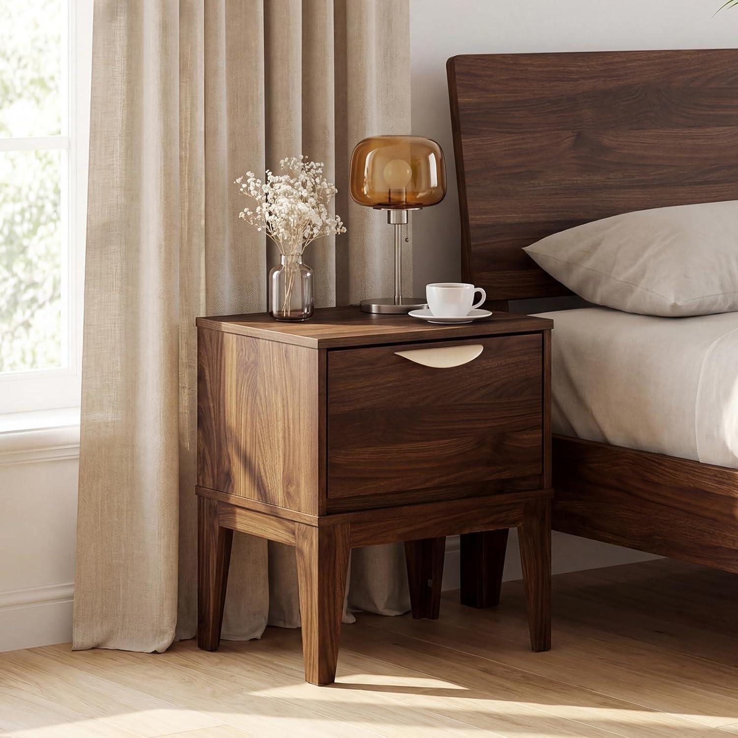 image:imageGiantex Night Stand with Storage Mid Century Modern Wood Bedside Table with Drawer amp Tapered Support Legs 21 Compact Sofa End Couch Side Table for Small Spaces Bedroom Walnut 12